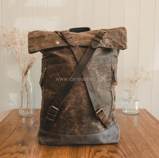 Leather Canvas Backpack Laptop Bag Travel bag - Image 12