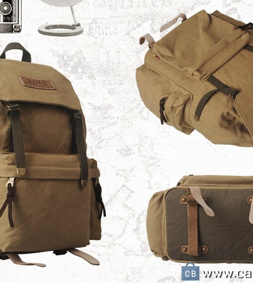 Multipockets Zipper Rucksack Laptop Backpack Khaki Canvas Bag