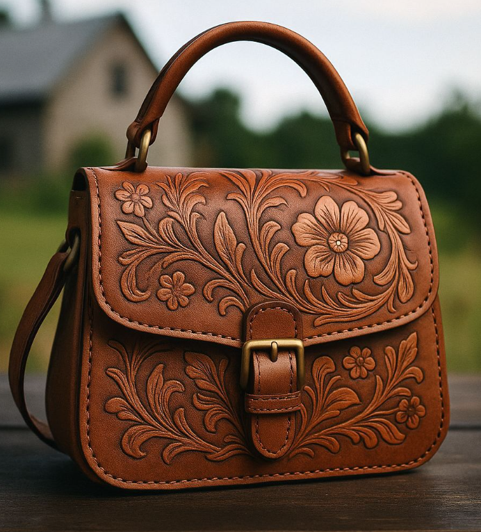 Full-Grain Leather Embossed Floral Handbag
